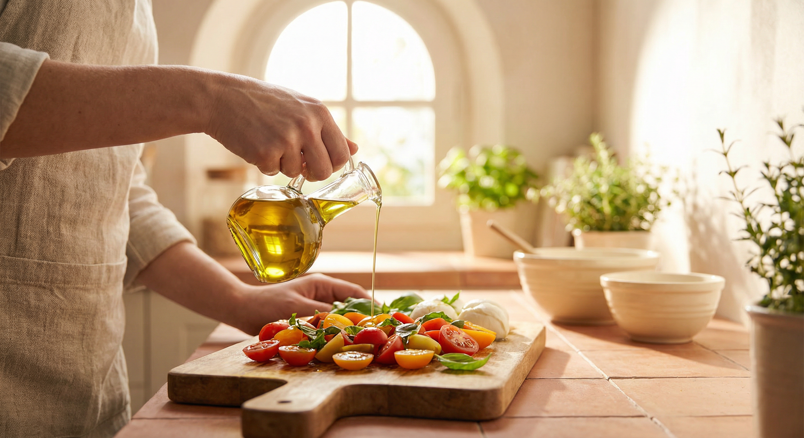 Preparación de comida mediterránea con aceite de oliva