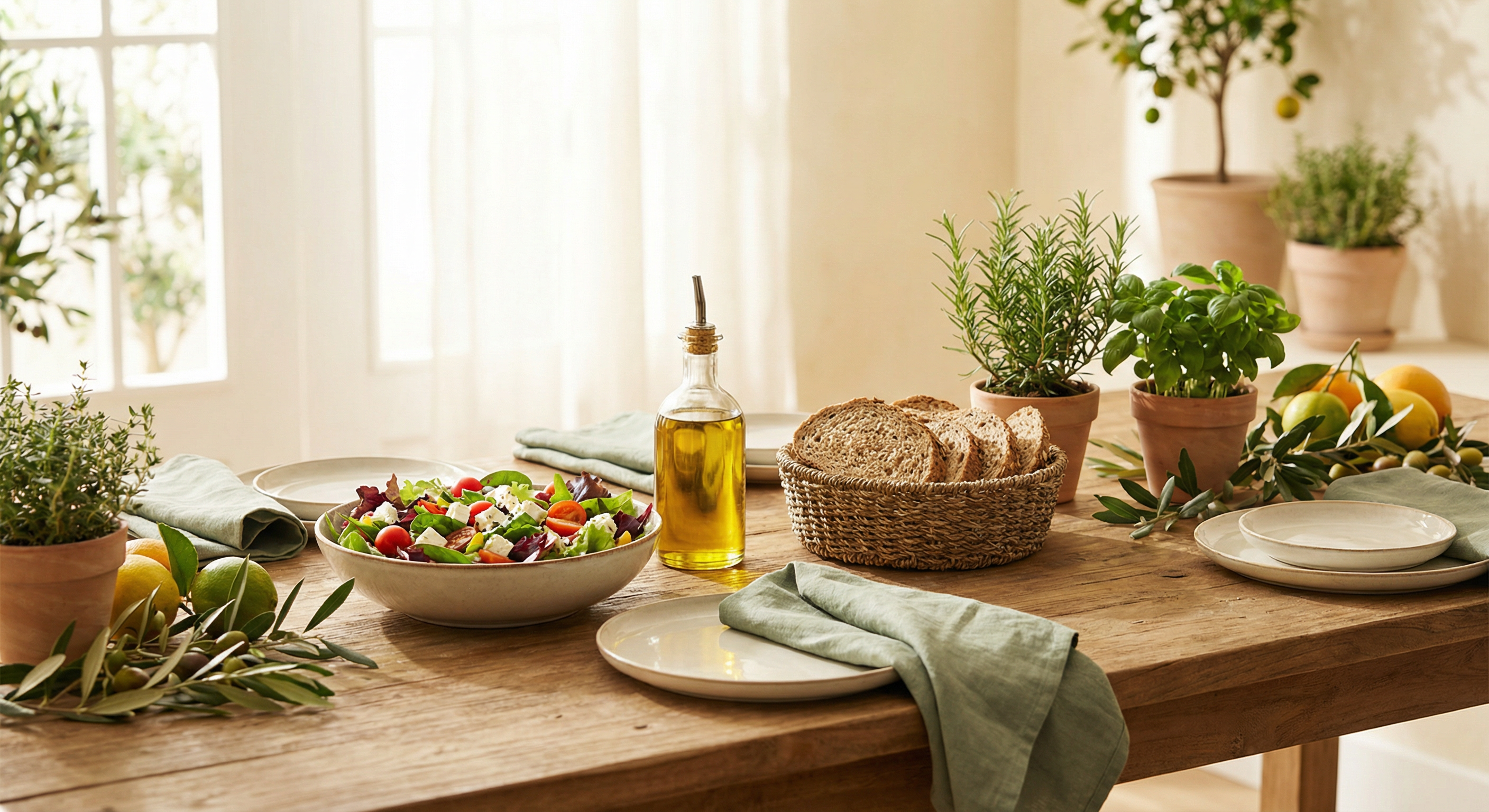 Nutrición mediterránea saludable - aceite de oliva, verduras frescas y hierbas