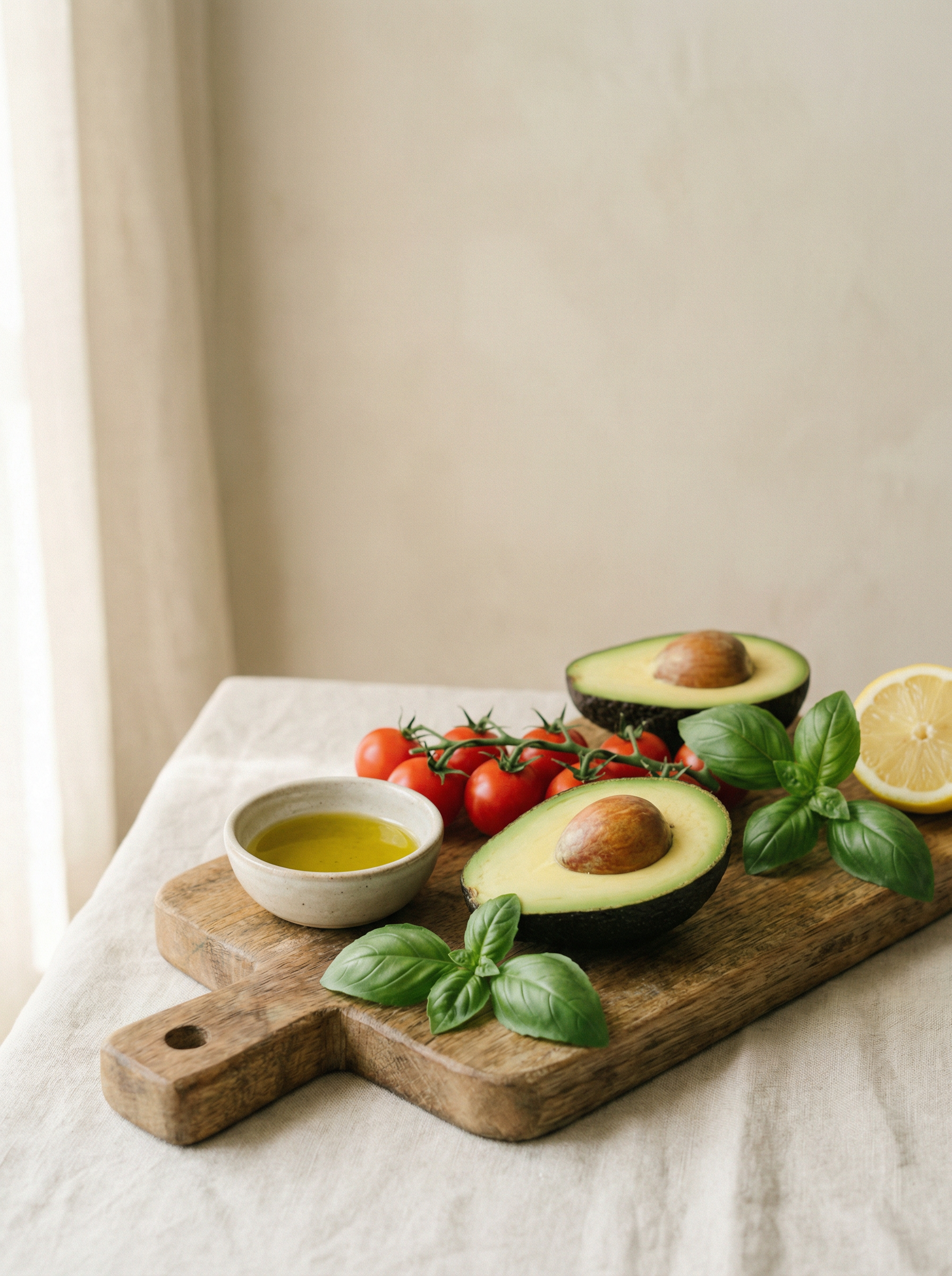 Ingredientes frescos mediterráneos - aguacate, tomates, albahaca y aceite de oliva